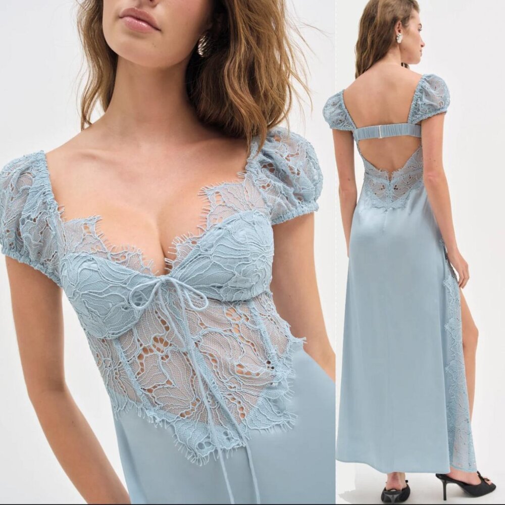 For Love & Lemons Casey Maxi Dress – Powder Blue Satin & Lace (NWT)